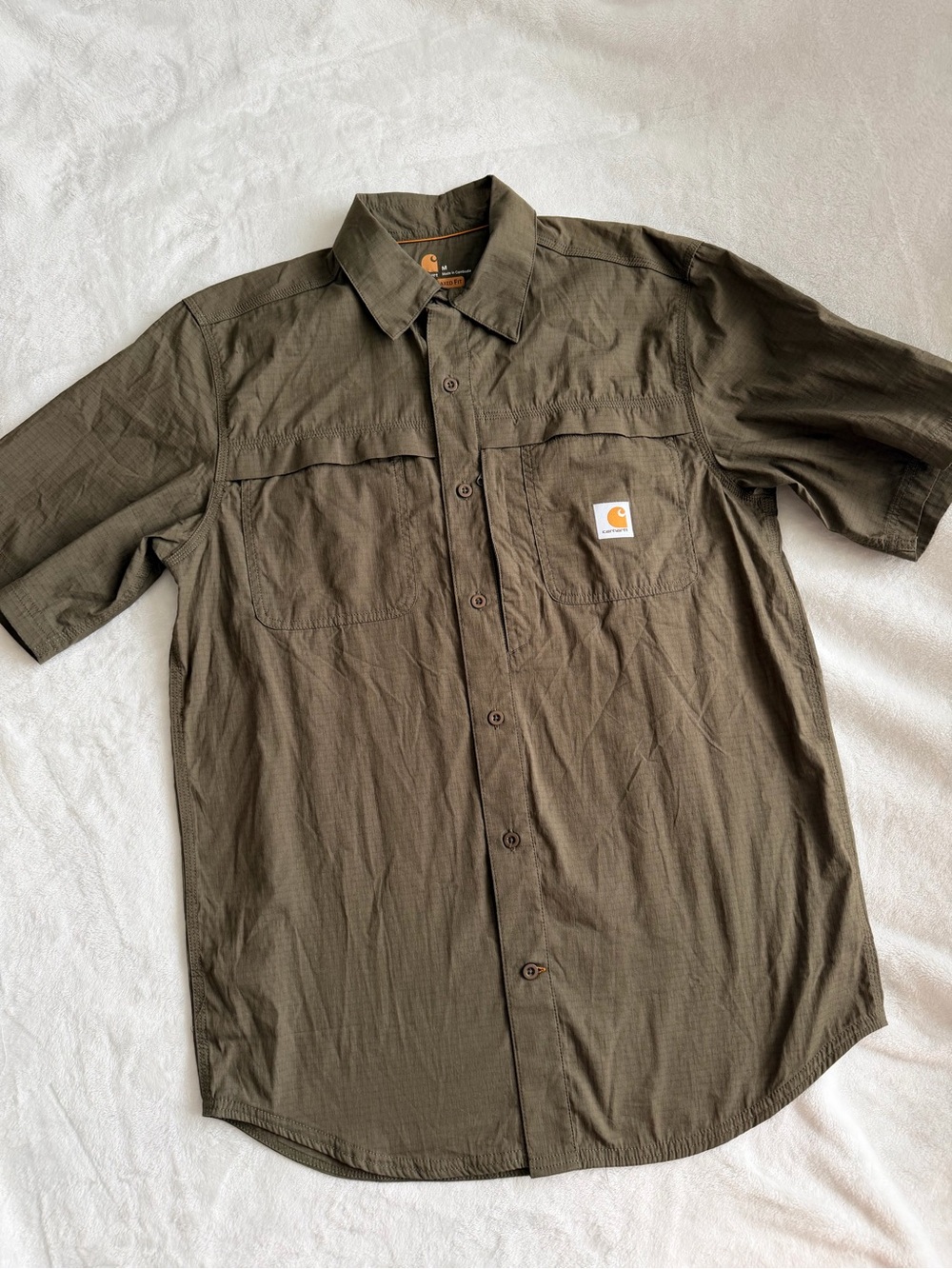Carhartt Force Army Green Short Sleeve  Button Down Shirt Relaxed Fit Size M